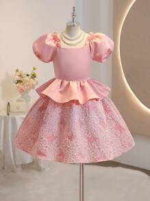 SHEIN Tween Girl 薄纱提花 A 字形连衣裙，鸡心领泡泡袖，褶皱腰身，喇叭裙，适合情人节、婚礼、生日派对的特殊场合连衣裙 - 粉色 - 查看 1