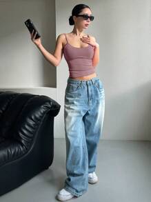 DAZY 女款純色休閒修身露背細肩帶背心短版掛脖上衣 - 深灰色 - 查看 6