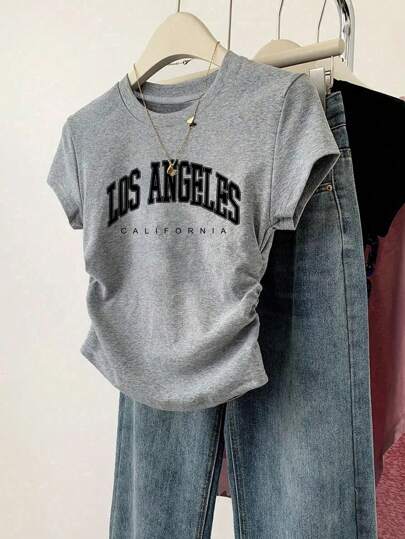 SHEIN Explorewe Teenage Girls Crew Neck Short Sleeve Letter Print Casual T-Shirt
