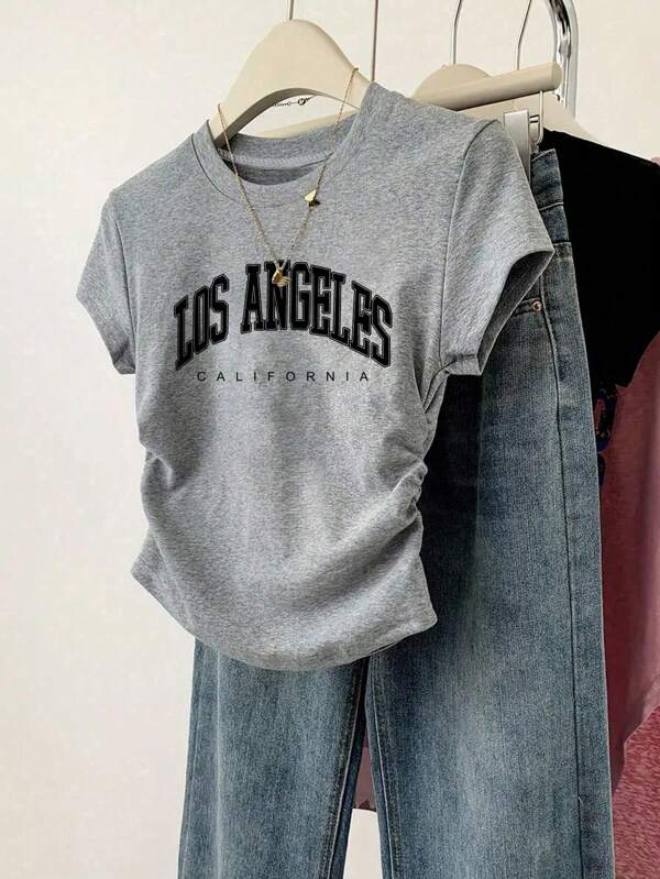 SHEIN Teenage Girls Crew Neck Short Sleeve Letter Print Casual T-Shirt