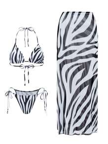 Swim SXY Beach Summer Outfits For Women: Sexy Black & White Zebra Print Halter Backless Triangle Cup Tied Bikini, Cover Up 3-Piece Swimwear Set - Black and White - View 2