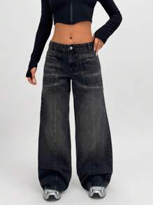 EURMUSE WOMEN LOW WAIST WIDELEG CUTLINE DETAIL - Dark Grey - View 5