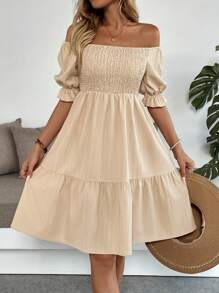 Breezaya Women's Minimalist Off-Shoulder Short Sleeve Dress - Khaki - View 6