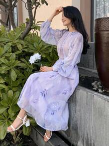 DAZY 2 件套女士植物印花灯笼袖衬衫和中长裙 - 淡紫色 - 查看 4