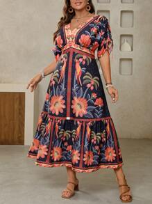 Breezaya Plus Size Women Valentine's Day Woven Floral Print V-Neck Tied Waist Short Sleeve Casual Dress, Cooling Dress, Stress Relief Outfit, Evening Long Gown, Elegant Fashion Women Loungewear, Summer Outfits For Women, St. Patrick's Day Rave Outfits, Festival Spring Break Outfits, Boho