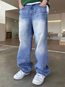 Manfinity Homme Jeans casuales de corte recto con bolsillo y ajuste holgado minimalista para hombres