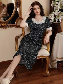 Côtesoire Lace Contrast Polka Dot Women's Round Neck Short Sleeve Elegant Nightgown Babydoll Holiday Season, Vacation