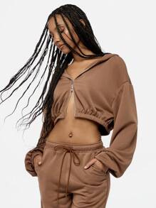 SUMWON WOMEN Cropped Zip-Up Hoodie With Elastic Hem Athleisure Workout Sports Casual Lounge Wear Spring Summer Streetwear Fashion Hooded Sweatshirt