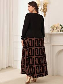 Modelyn Conjunto de 2 piezas de talla grande con parte superior de manga abullonada en unicolor y vestido largo de estampado completo