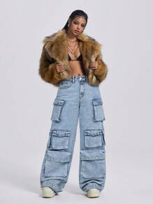 SHEIN ICON Jeans holgados de pierna ancha de mezclilla con bolsillos múltiples para mujer, de estilo minimalista para uso diario, con talle bajo y pierna recta estilo grunge