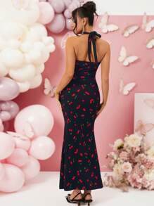 Loomaby 2 件套孕妇樱桃印花吊带上衣和荷叶边下摆短裙套装，适合情人节