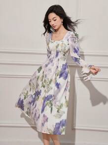 DAZY 女式花卉印花方领喇叭袖口中长连衣裙，荷叶边，秋季连衣裙长袖连衣裙