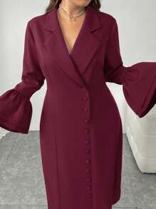 Mulvari Plus Size Long Sleeve Casual Daily Solid Color Dress, Minimalist And Fashionable - Burgundy - View 5
