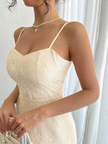 DAZY Váy midi ôm sát bằng ren Jacquard dành cho nữ, thích hợp cho tiệc cưới, dạ hội mùa hè, váy suông thanh lịch, váy cưới - Màu be - Xem 3