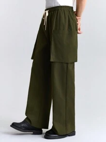 Ontre Men's Solid Color Lace-Up Pocket Casual Long Pants - Army Green - View 5