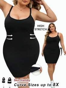 SHEIN CURVE+ Plus Size Women's Black Adjustable Shoulder Strap Bodycon Dress, Shaping Bodice And Hips - Black - View 1