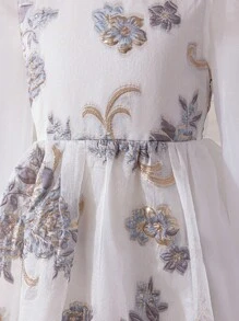 SHEIN Tween Girls Floral Organza Jacquard Ruffle Bow Decor Lantern Sleeve Elegant Dress, Renaissance Style, Princess Gown, Perfect For Birthday Party, Graduation Ball - Multicolor - View 12