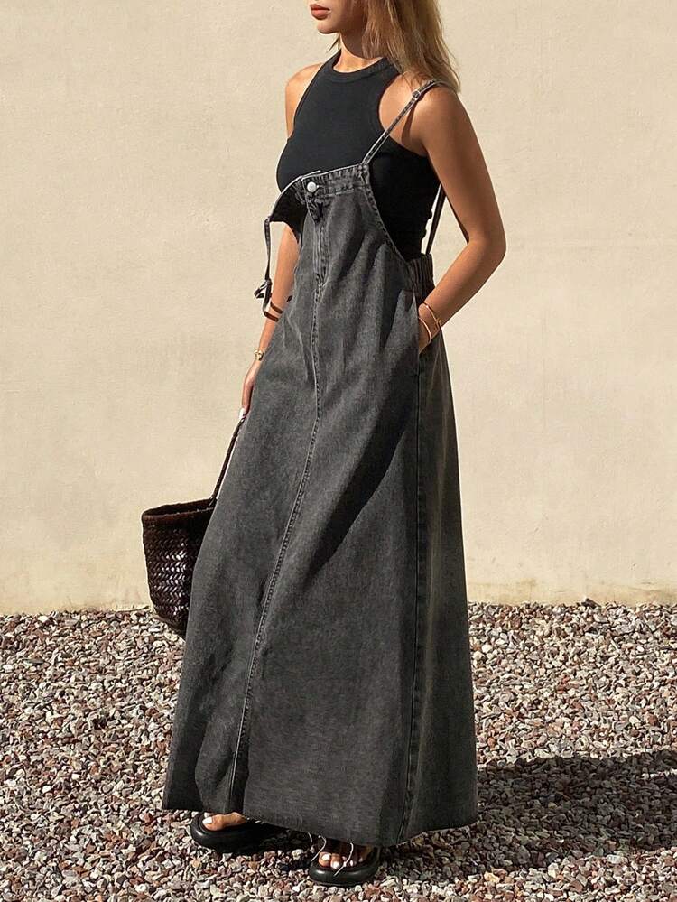 Women's Simple Casual Button Pocket Front Straps Long Denim Spaghetti Strap Dress Sundress Vacation