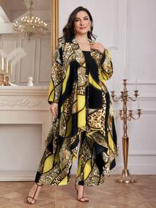 Modelyn Plus Size Women 2pcs Set Leopard Print Asymmetric Hem Long Sleeve Jacket And Pants - Yellow - View 5