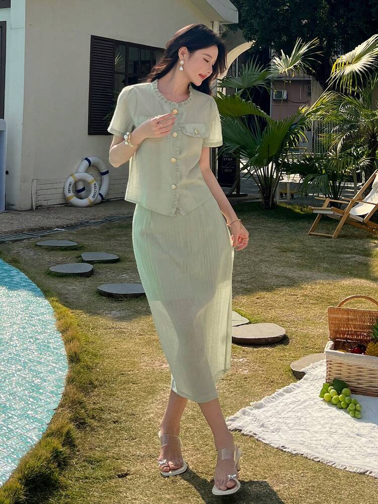2pcs Women Set: Color Blocking Frill Collar Puff Sleeve Blouse And A-Line Skirt