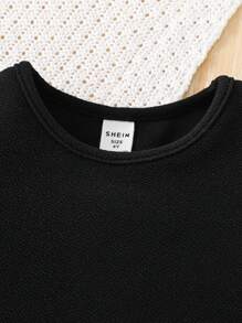 SHEIN Young Girl Knit Splicing Crew Neck Long Sleeve Dress - Black - View 5