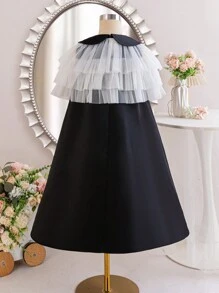 SHEIN 2 件套少女套装：宽松网眼分层串珠无袖 A 字裙 - 黑色 - 查看 3