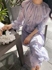 DAZY 2 件套女士植物印花灯笼袖衬衫和中长裙 - 淡紫色 - 查看 2