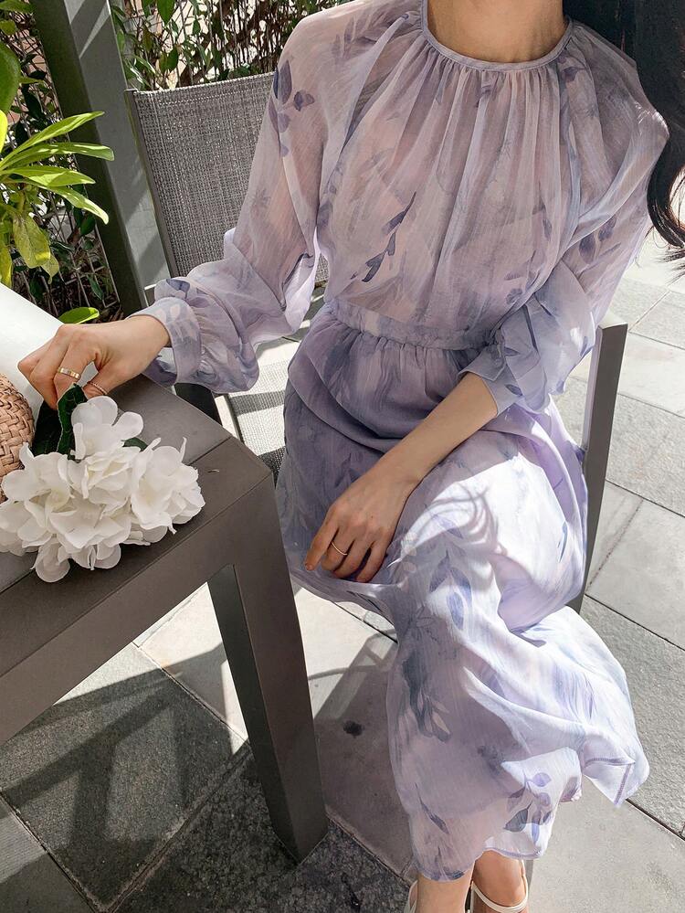 2pcs/Set Women Plant Print Lantern Sleeve Shirt And Midi Skirt