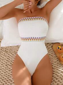 SHEIN Swim Springbreak Women Beachwear Summer Outfits, One-Piece Textured Tube One-Piece Swimsuit, Boho Festival - White - View 3