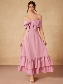 Gabriela Silveira Vestido maxi elegante y sofisticado de color rosa pastel con gran lazo 3D y volantes en el bajo, apto para fiestas, conciertos, eventos formales, bodas, fiestas de cumpleaños y verano