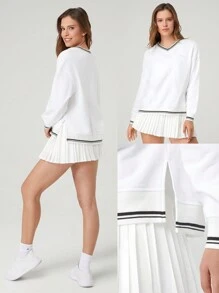 GLOWMODE Everyday Fleece Tennis V Neck Ribbed Neckline Cuffs Side Slits Sweatshirt Daily Casual - White - View 8