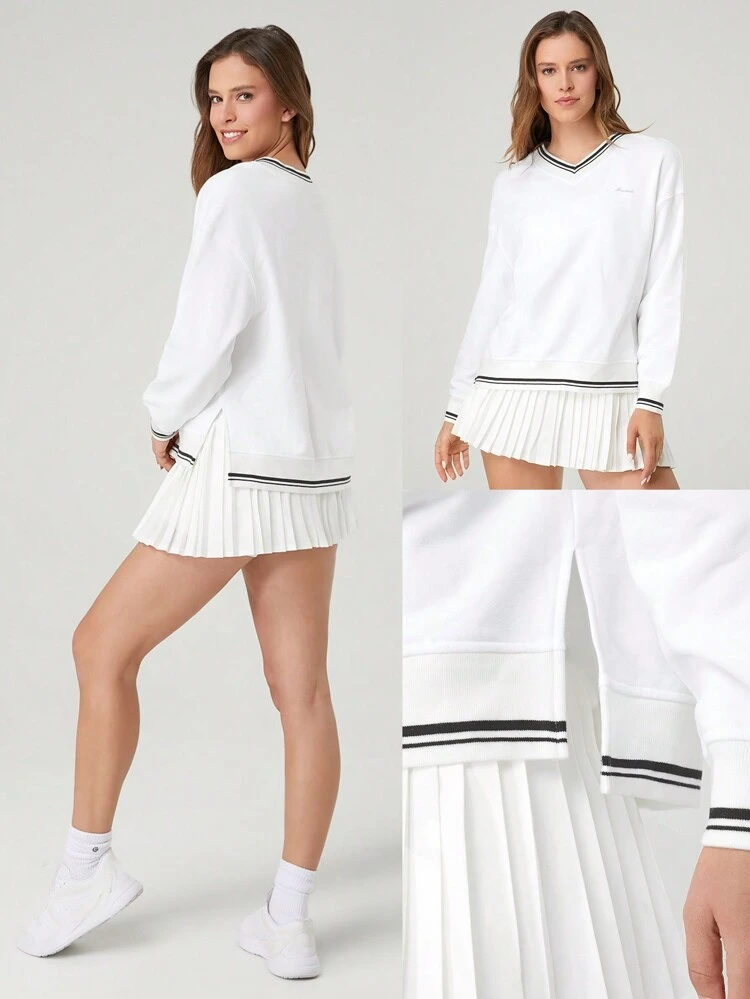 Everyday Fleece Tennis V Neck Ribbed Neckline Cuffs Side Slits Sweatshirt Daily Casual