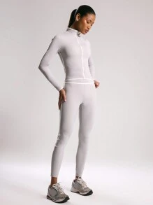 Musera Sport Contrast Piping High Neck Zip Through Top, Padel, Tennis, Pickleball Gym Fitness - Light Grey - View 4