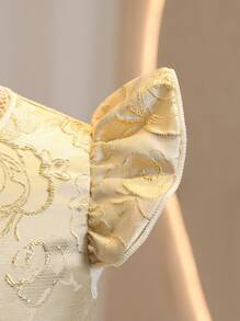 Tween Girls Elegant Luxurious Gold Round Neck Short Sleeve Bowknot Midi Length Mesh Dress, Suitable For Evenings, Parties, Birthday, Performance, Weddings, Flower Tween Girl, Valentine's Day And Other Occasions