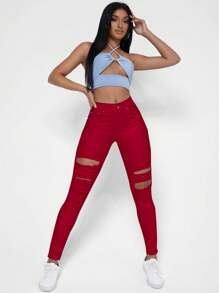 SHEIN Essnce Women's Solid Color Front Button Pocket Ripped Minimalist Casual Denim Pants - Red - View 5