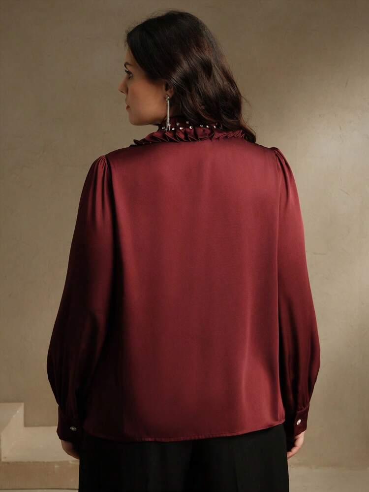 Women Elegant Modern Satin Shimmery Lantern Sleeve Pleated Design Neckline Rhinestone Embellished Long Sleeve Blouse Top, Festival & Going Out, Modest Spring Plus Size Blouse Western Top Burgundy Blouse