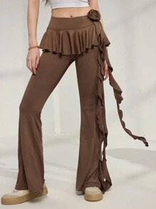 Mulvari 女款纯色 3D 花朵装饰休闲紧身裤 - 卡其色 - 查看 7