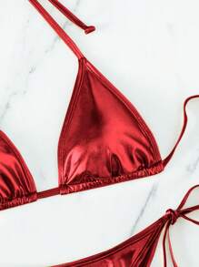 Swim Vcay 女士纯色露背比基尼上衣和系带侧边比基尼泳装套装，夏季海滩度假 - 紅色 - 查看 3