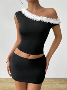 Chiquease Women Spring/Summer Ruffle Collar Asymmetrical Neck Fitted T-Shirt - Black - View 4