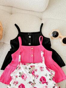 SHEIN LMoss Kids 3er Set süßer Baby Mädchen Floral Strick Volant Träger Top, vielseitiger Sommer Outfit