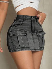 SHEIN BAE Casual Washed Denim Mini Skirt - Grey - View 4