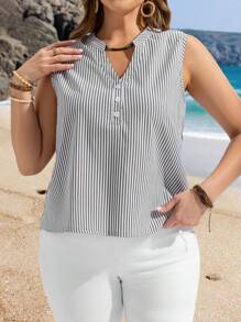 EMERY ROSE Camisa Regata com Lapela Listrada para Férias na Ilha, Plus Size, Primavera e Verão - Multicolorido - Visão 5