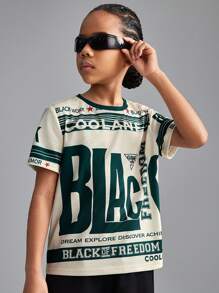 SHEIN Tween Girls Spring/Summer Letter Print Drop Shoulder Short Sleeve T-Shirt - Army Green - View 1