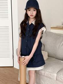 DAZY 2pcs/Set Tween Girls Front Button Top And Skirt,Girls Summer Outfits,Back To School Clothes - Navy Blue - View 1