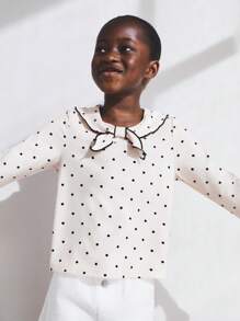 SHEIN Young Girls Bow Knot Collar Beige Polka Dot Long Sleeve Fitted T-Shirts, Countryside Style For Daily Wear