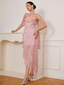 Aveloria Rosie Elegant Vacation Sexy Spaghetti Strap Ruffled Flare Design Waist Accentuating Chiffon Transparent Asymmetrical Hem Dress In Pink   Old Money Style For Summer