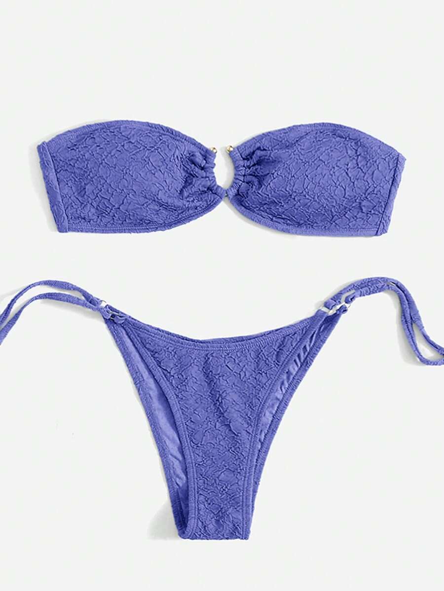 Swim Mod 女士纯色抹胸上衣和下装休闲比基尼套装，适合夏季海滩度假 - 紫色 - 查看 1