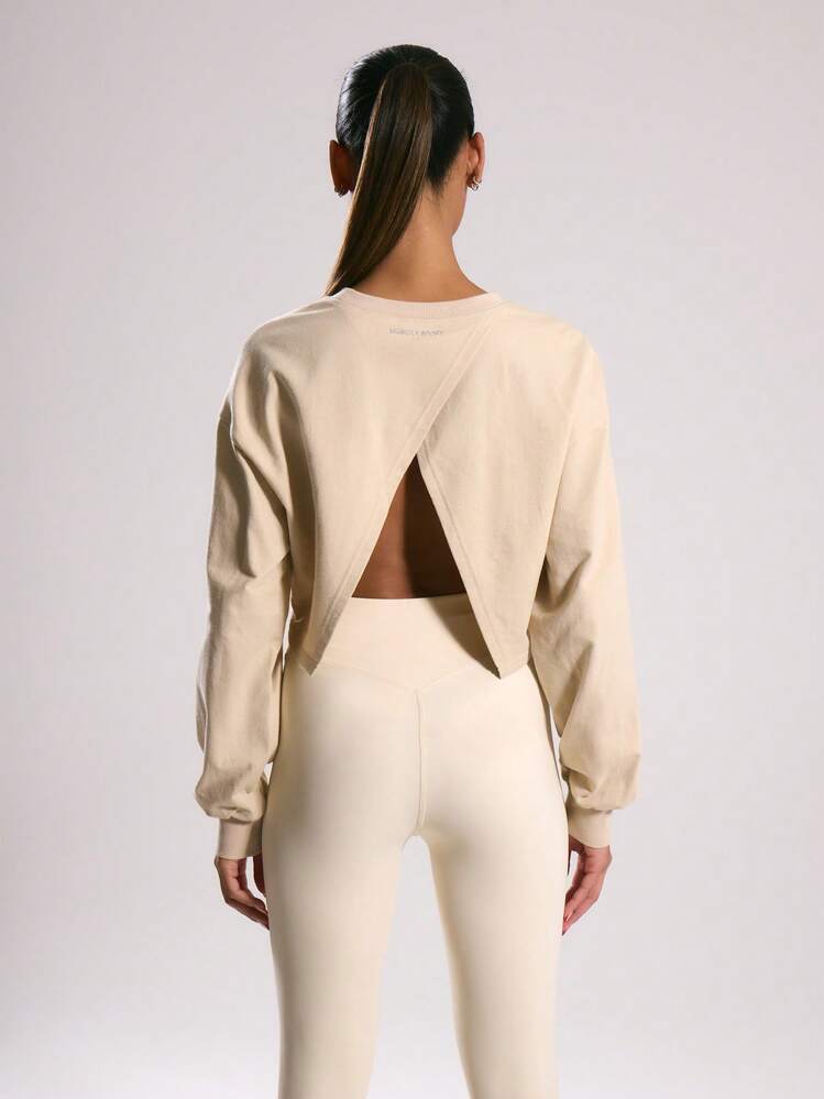 Musera Sport Cropped Jersey Open Crossover Back Long Sleeve Top Sports Sweatshirt, Padel, Tennis, Pickleball Gym Fitness - Apricot - View 4