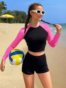 SHEIN Ensemble de maillot de bain ajusté à manches raglan en bloc de couleur rose et noir, adapté pour l'été à la plage, pour les adolescentes
