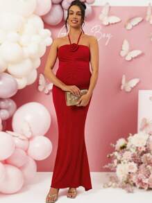 Loomaby Pregnant Women 3D Flower Red Maternity Dress, For Baby Shower Party, Valentine's Day